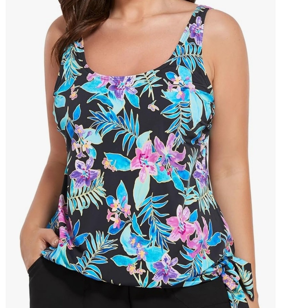 NEW Swimsuits For All Womens Size 18 Scoop Neck Side Tie Blouson Tankini Top